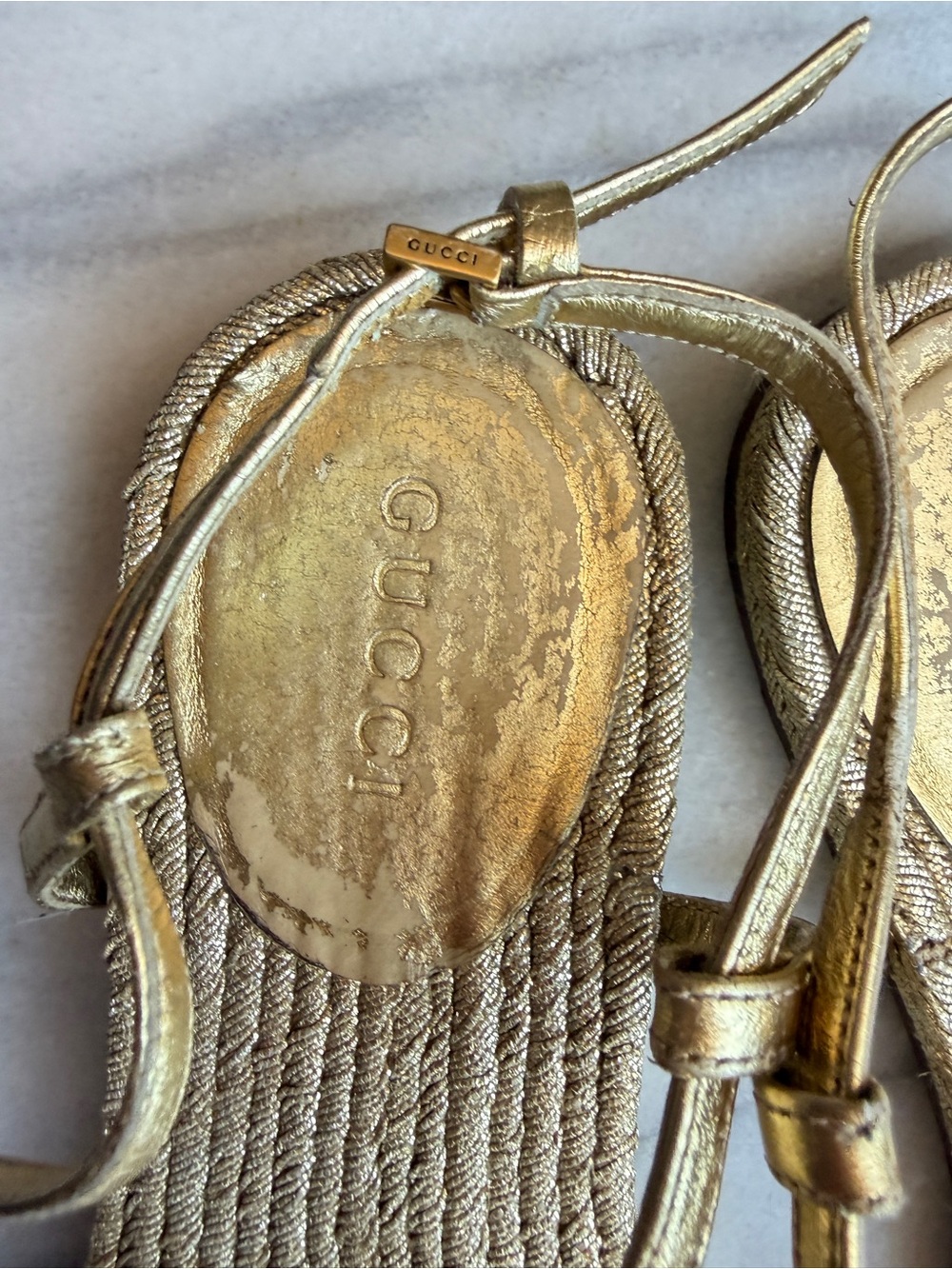 Gucci Woven Rope Gold T-Strap Thong Sandals Flat Women Size 36 - Picture 4 of 6